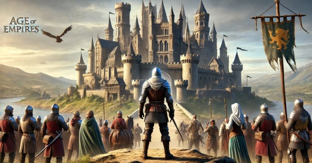 Un caballero solitario frente a un gran castillo donde otros guerreros lo esperan y lo llaman desde lejos, acompañado por aldeanos. Imagen inspirada en Age of Empires II.