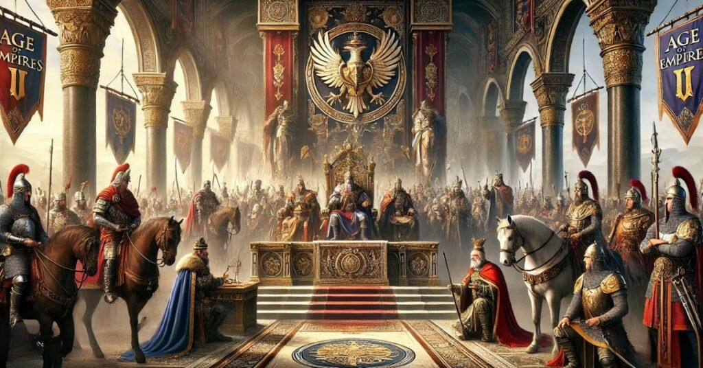 Ilustración medieval que representa la formación de equipos y clanes, inspirada en Age of Empires. En la imagen se observan caballeros reunidos en un salón medieval, representando la idea de colaboración y trabajo en equipo.